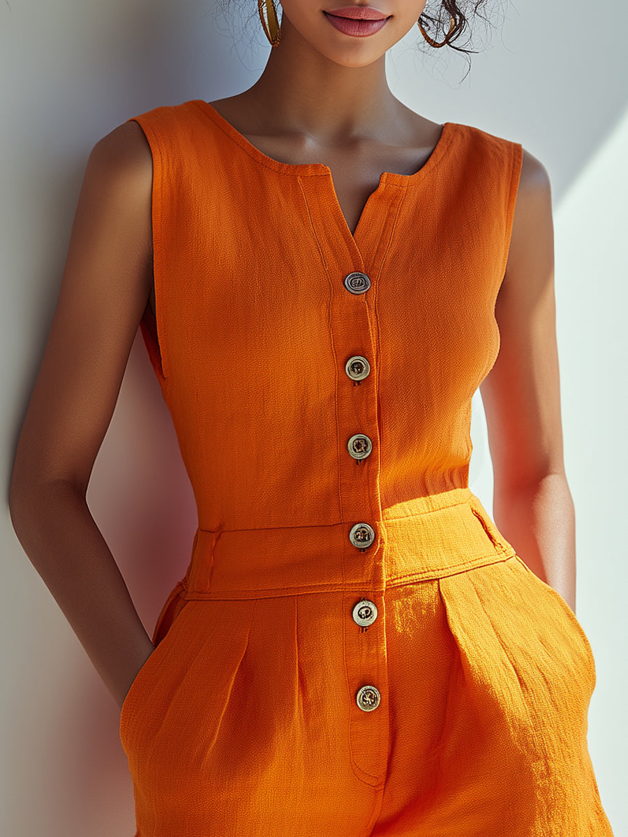 Coastal Resort Vibrant Orange Cotton Linen Sleeveless Button-Up Jumpsuit
