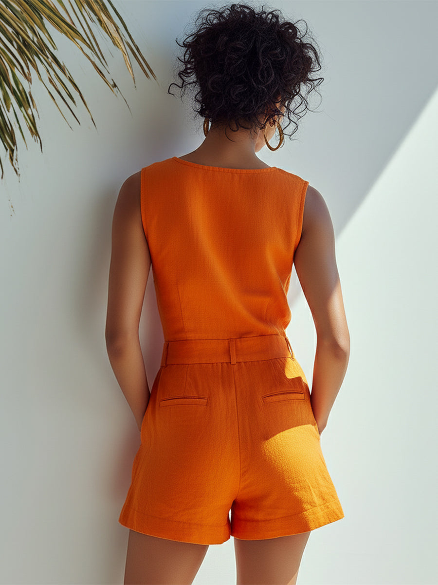 Coastal Resort Vibrant Orange Cotton Linen Sleeveless Button-Up Jumpsuit