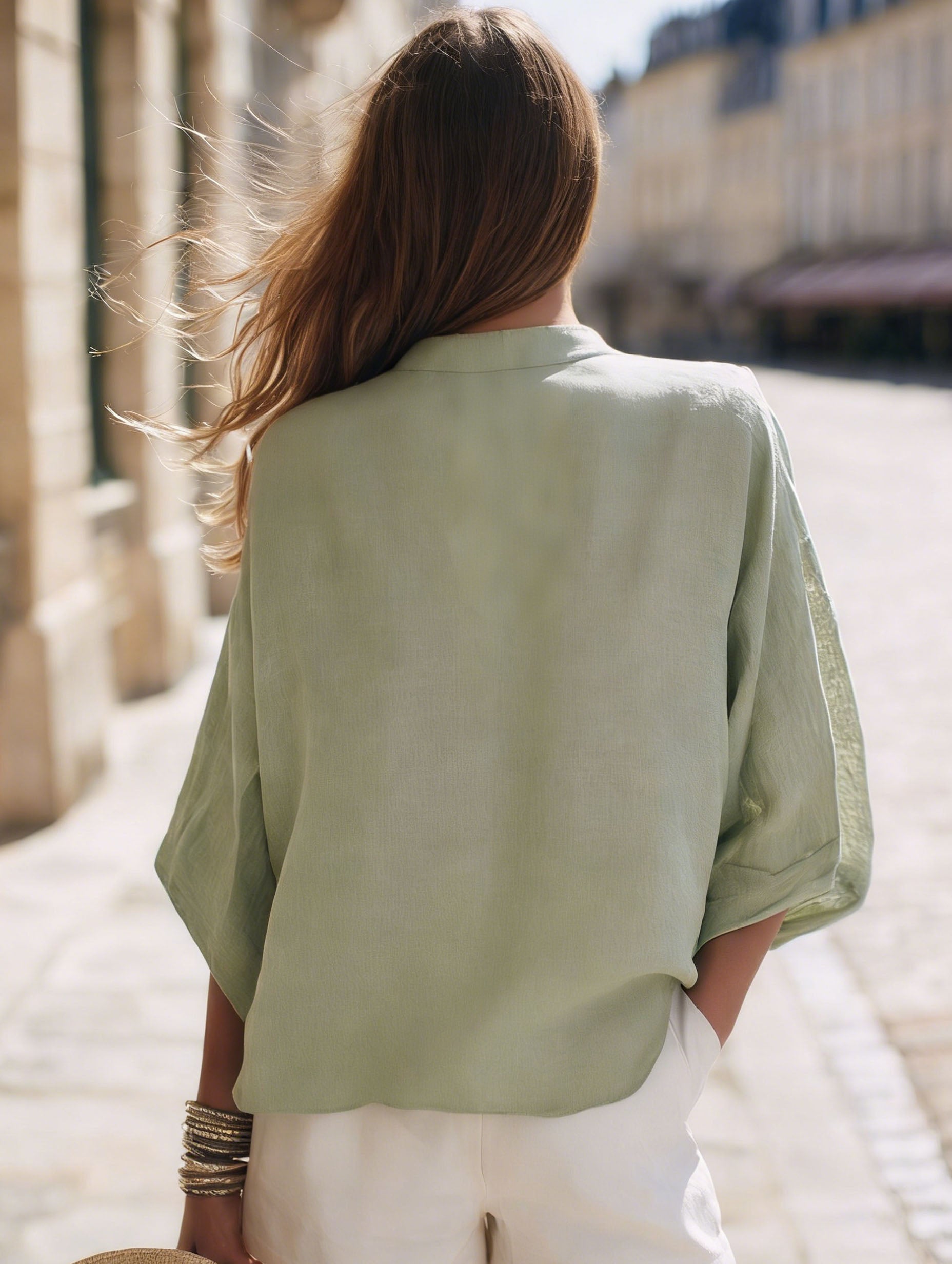 Elegant Green Cotton Linen V-Neck Mid-Sleeve For Vacation T-Shirt