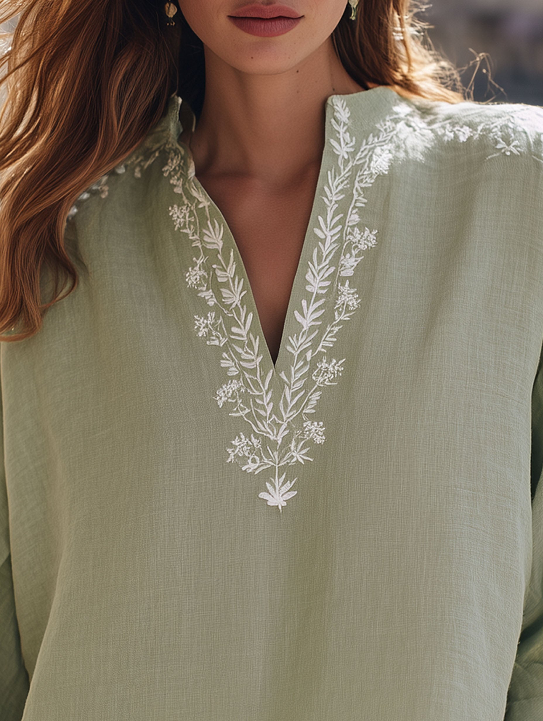 Elegant Green Cotton Linen V-Neck Mid-Sleeve For Vacation T-Shirt