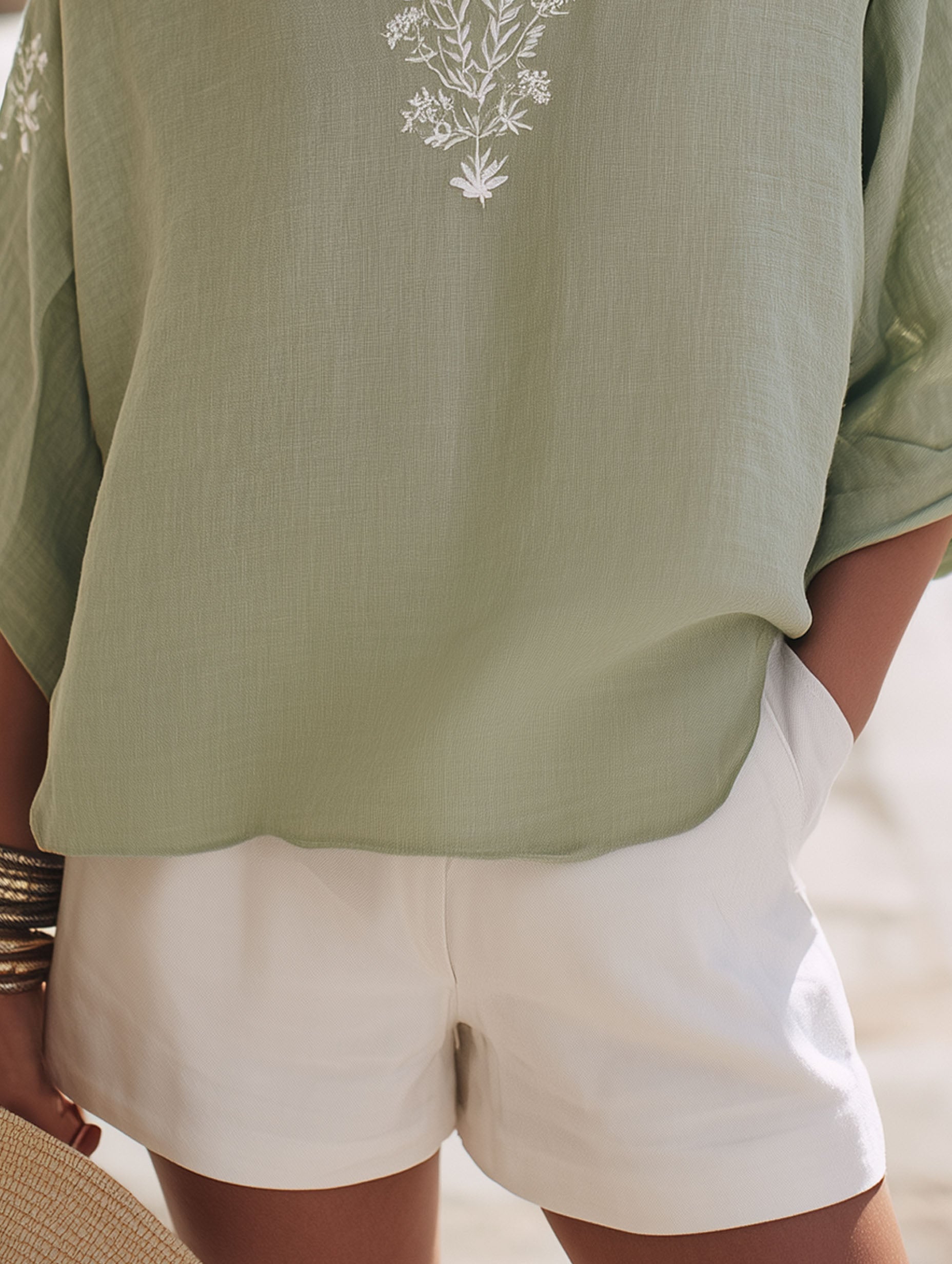 Elegant Green Cotton Linen V-Neck Mid-Sleeve For Vacation T-Shirt