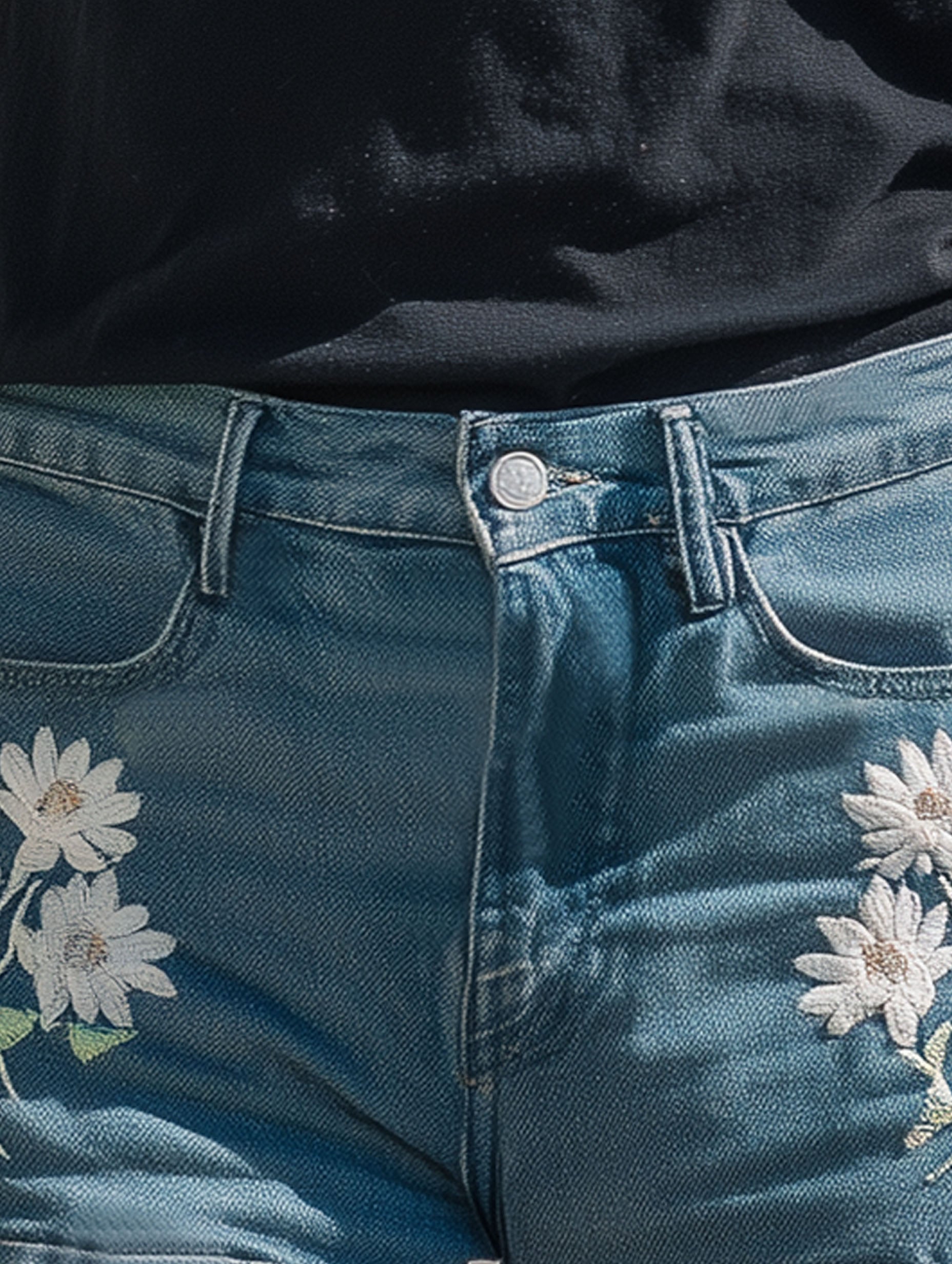 Vacation Casual Blue Denim Floral Embroidered Shorts