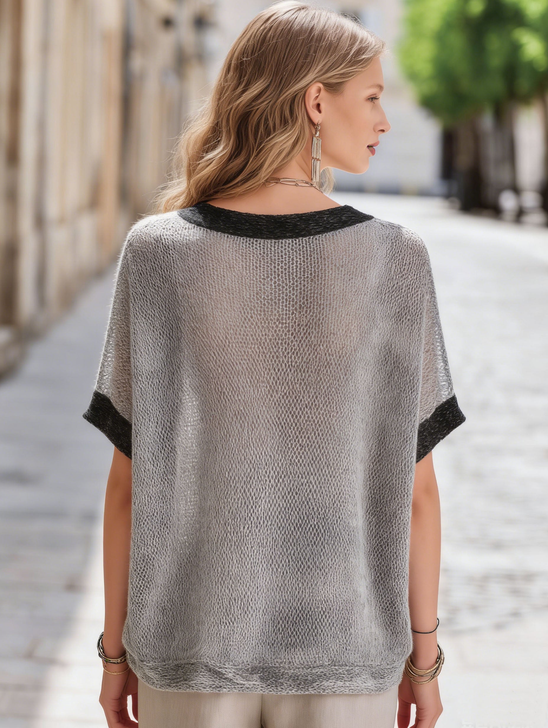 Vacation Casual Grey Knitted Mesh Patchwork Black V-Neck Short-Sleeved T-Shirt