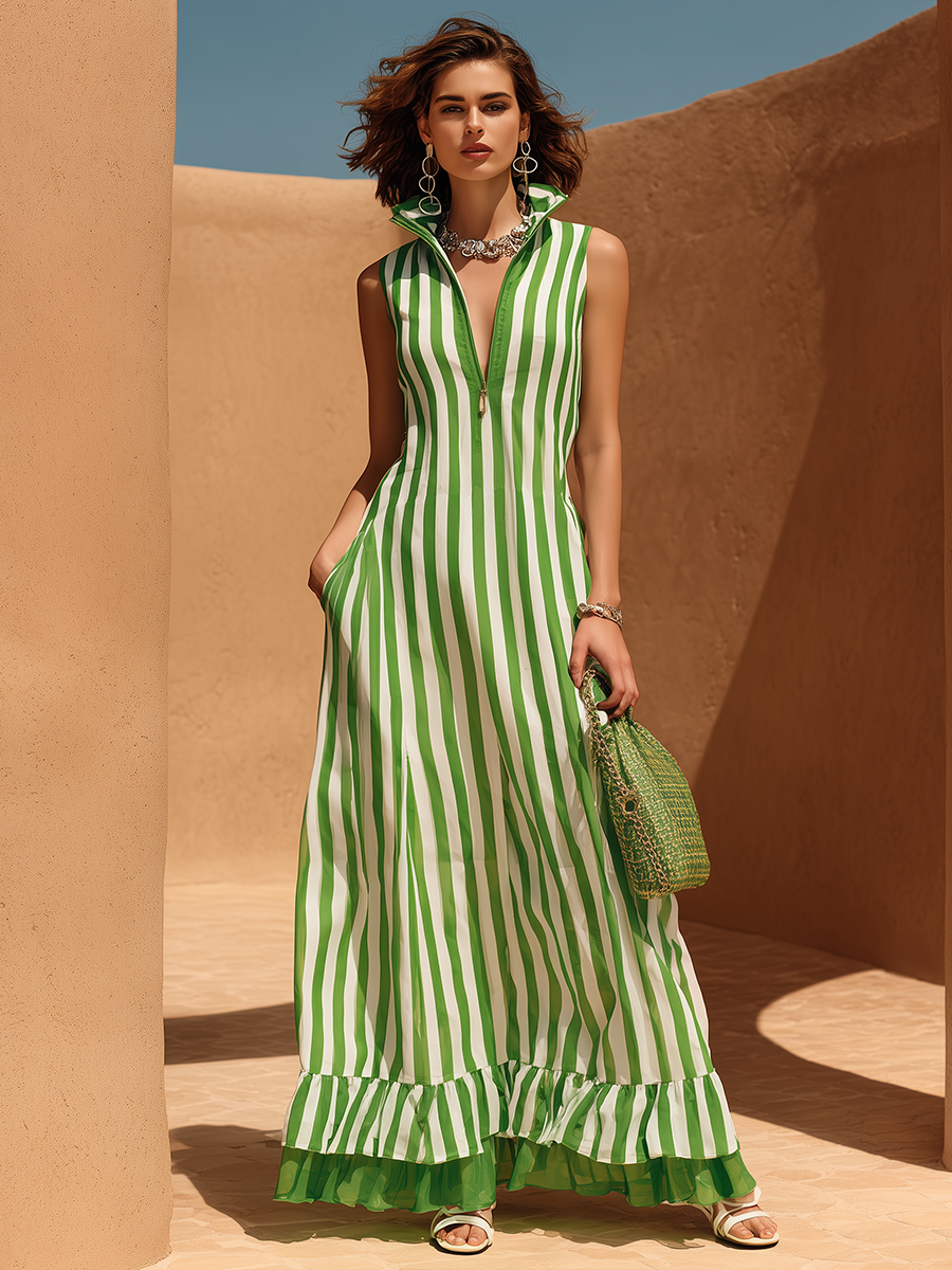 Vacation-Style V-Neck Green Striped Patchwork Maxi Dress