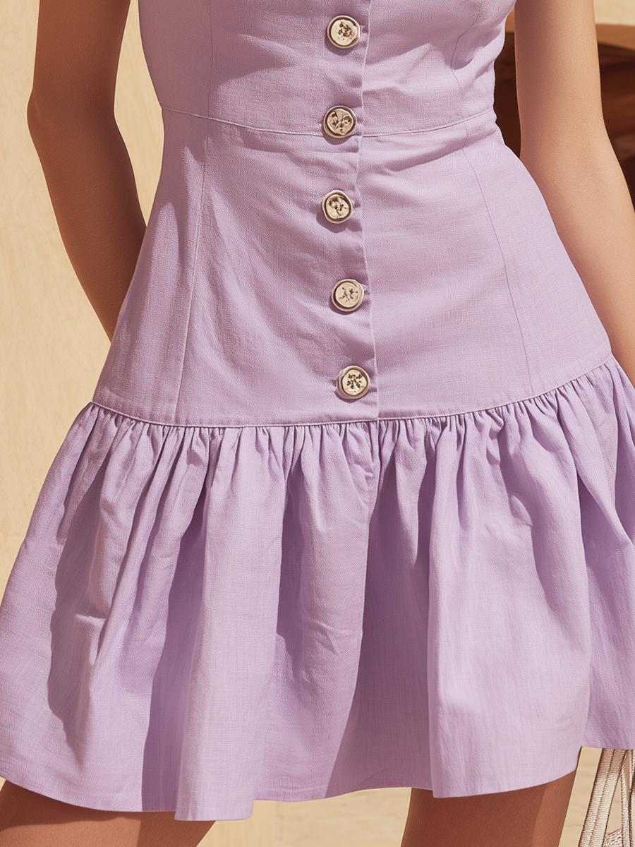 Vacation-Style Comfortable Purple Square-Neck Mini Dress