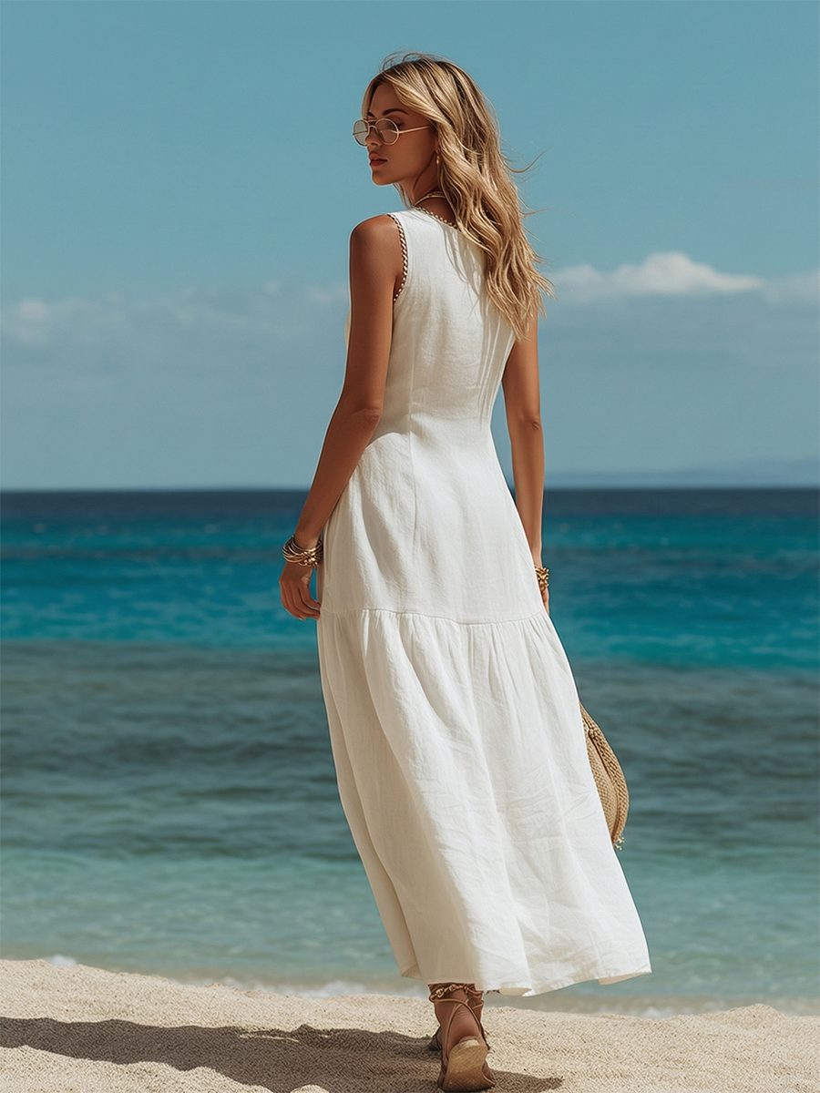 Loose Vacation Lace Trim Off-White Cotton-Linen Maxi Dress