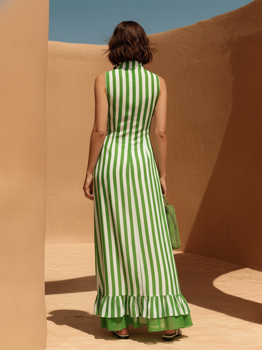 Vacation-Style V-Neck Green Striped Patchwork Maxi Dress