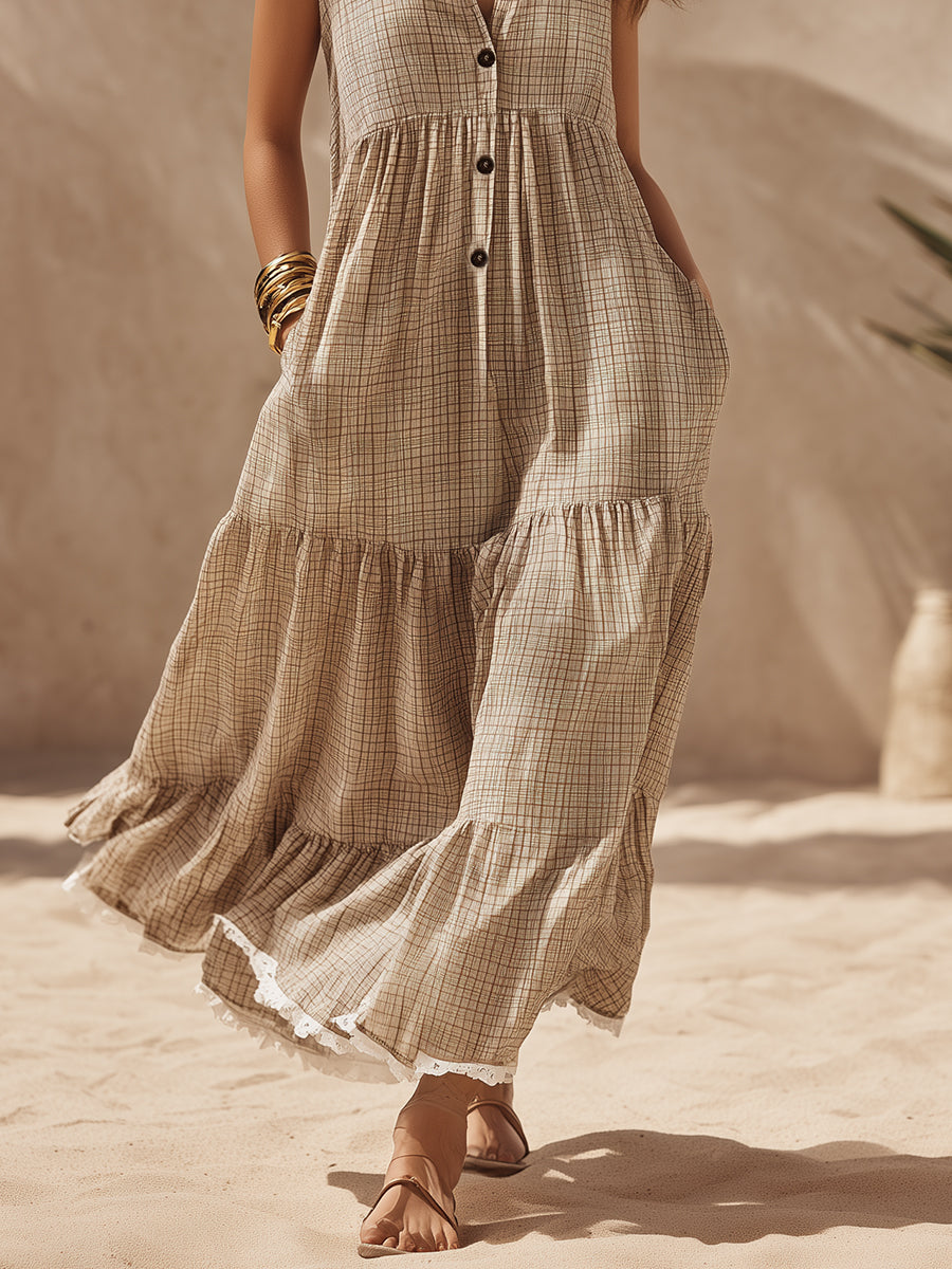 Casual Vacation Beige Plaid Print Chiffon Button Sleeveless Maxi Dress