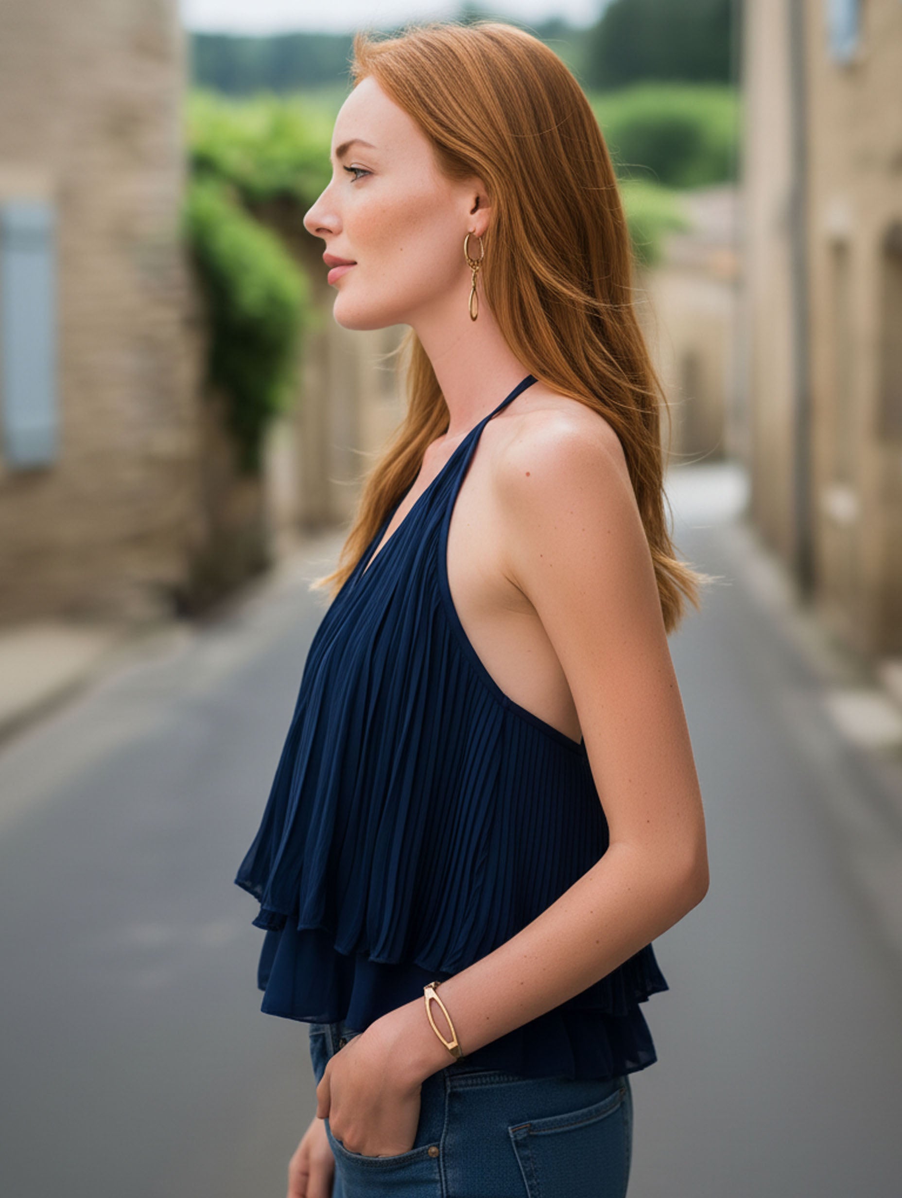 Comfortable Navy Blue Pleated Chiffon For Vacation Sleeveless Top