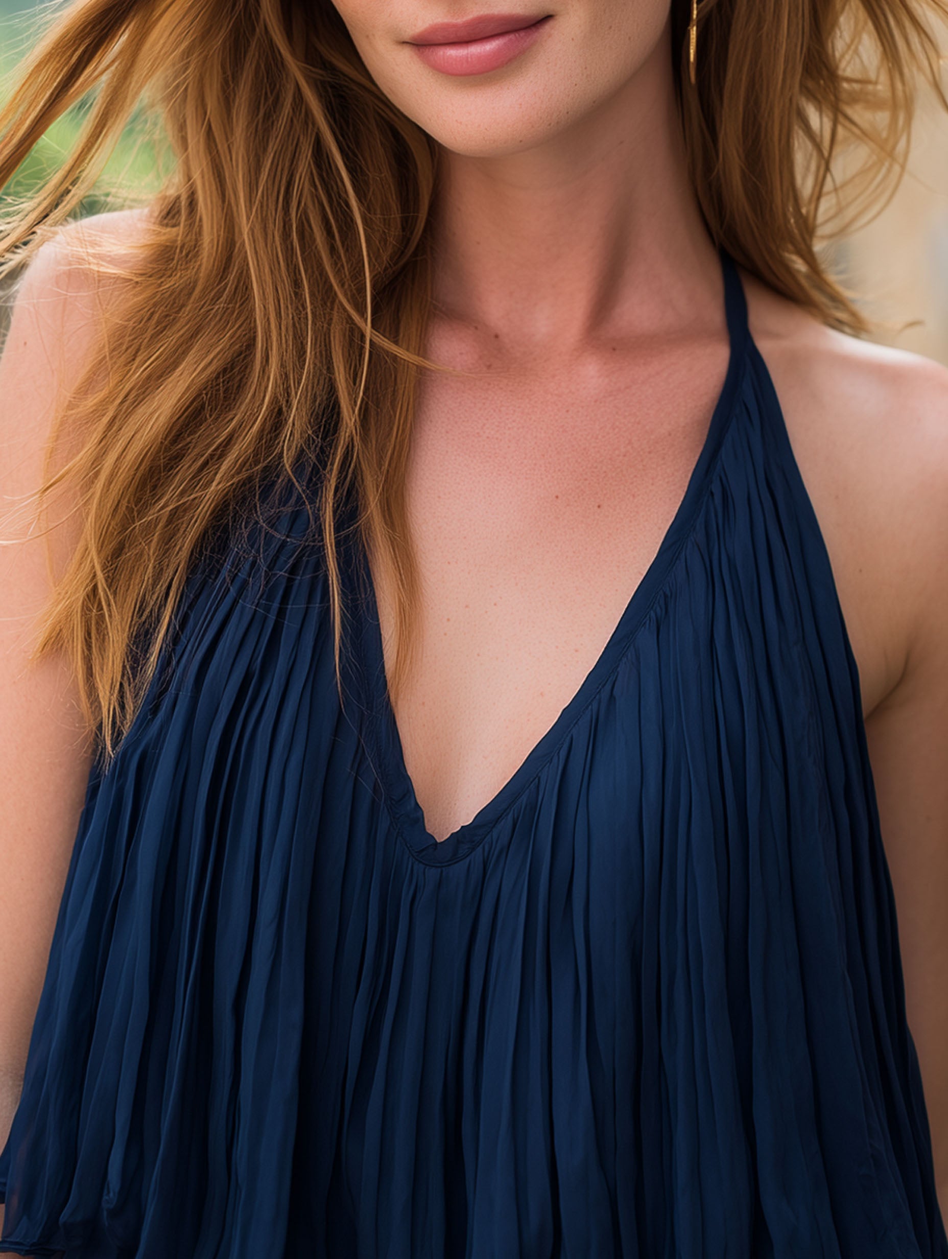 Comfortable Navy Blue Pleated Chiffon For Vacation Sleeveless Top