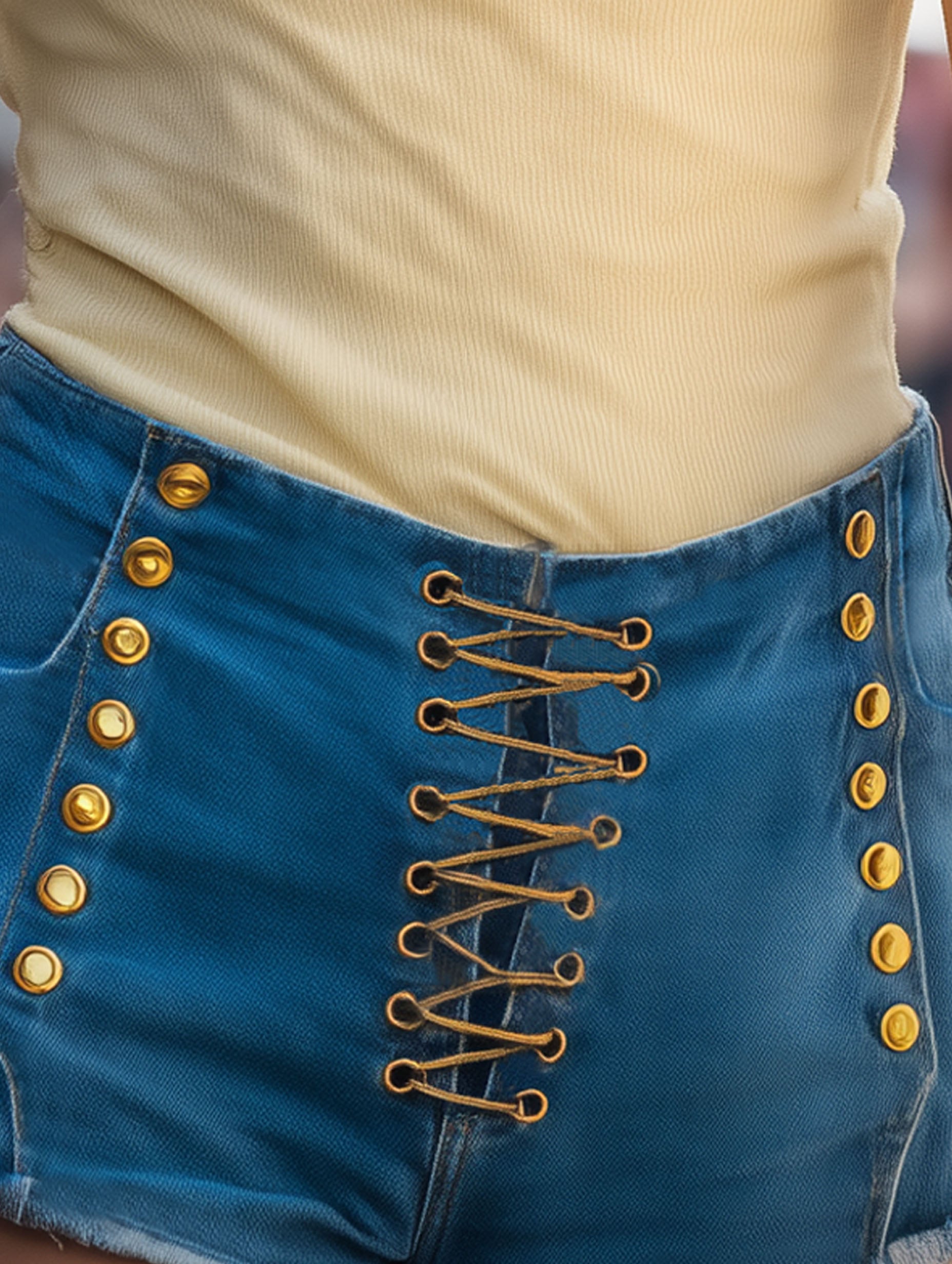 Premium Resort Blue Denim Lace-up With Gold Trim Shorts