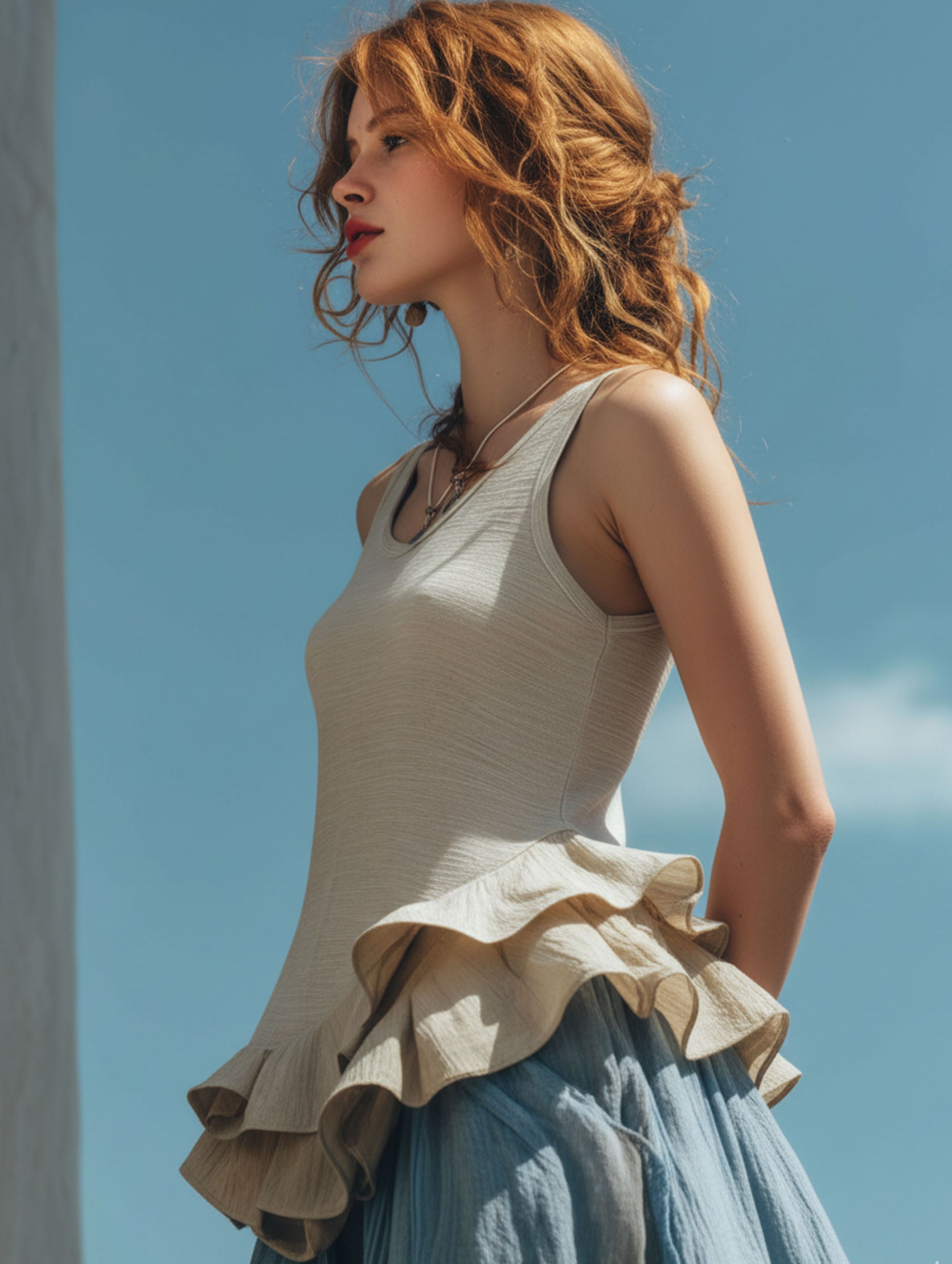 Premium Comfort White Cotton Linen Ruffled Sleeveless Top