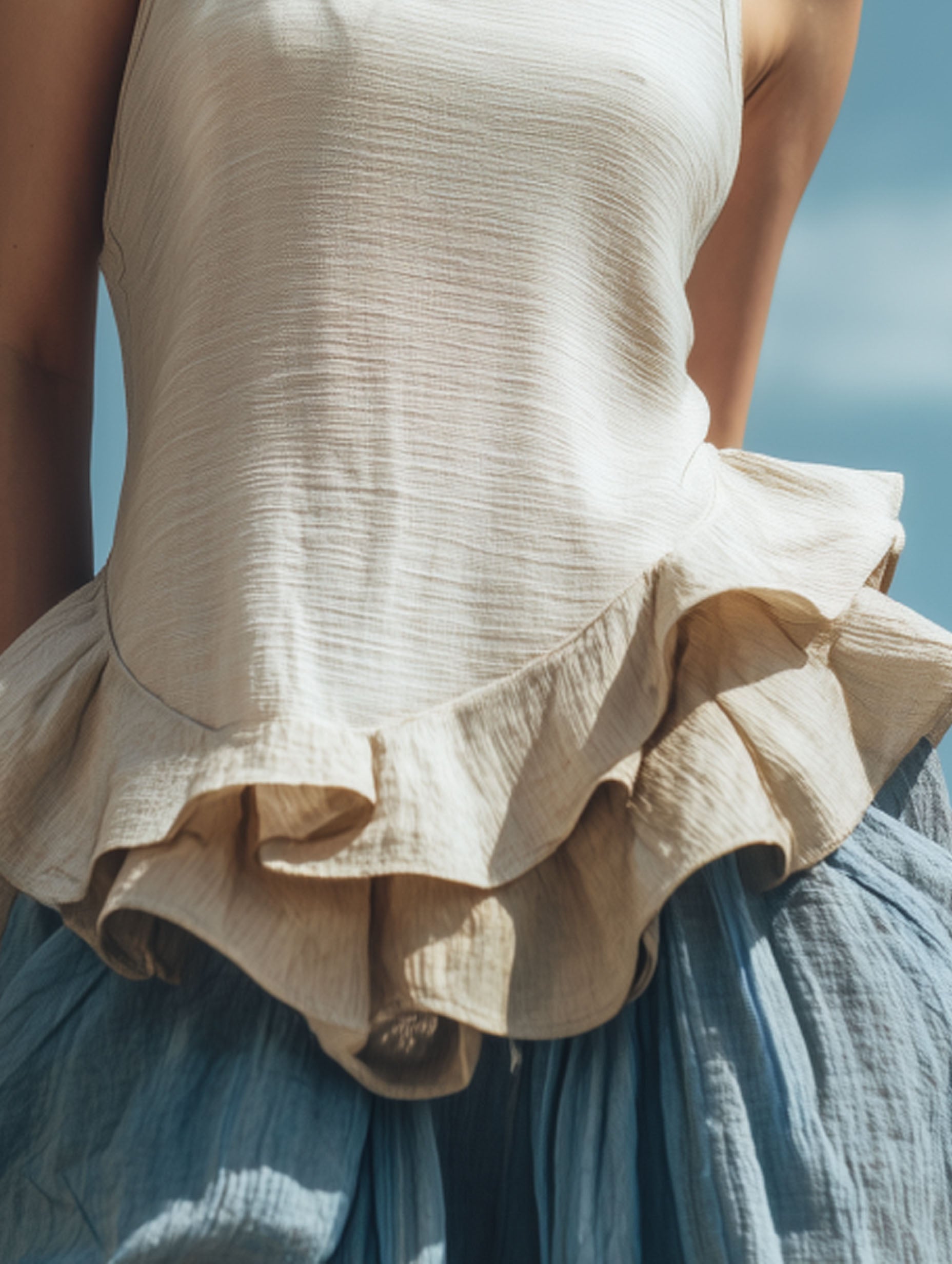 Premium Comfort White Cotton Linen Ruffled Sleeveless Top