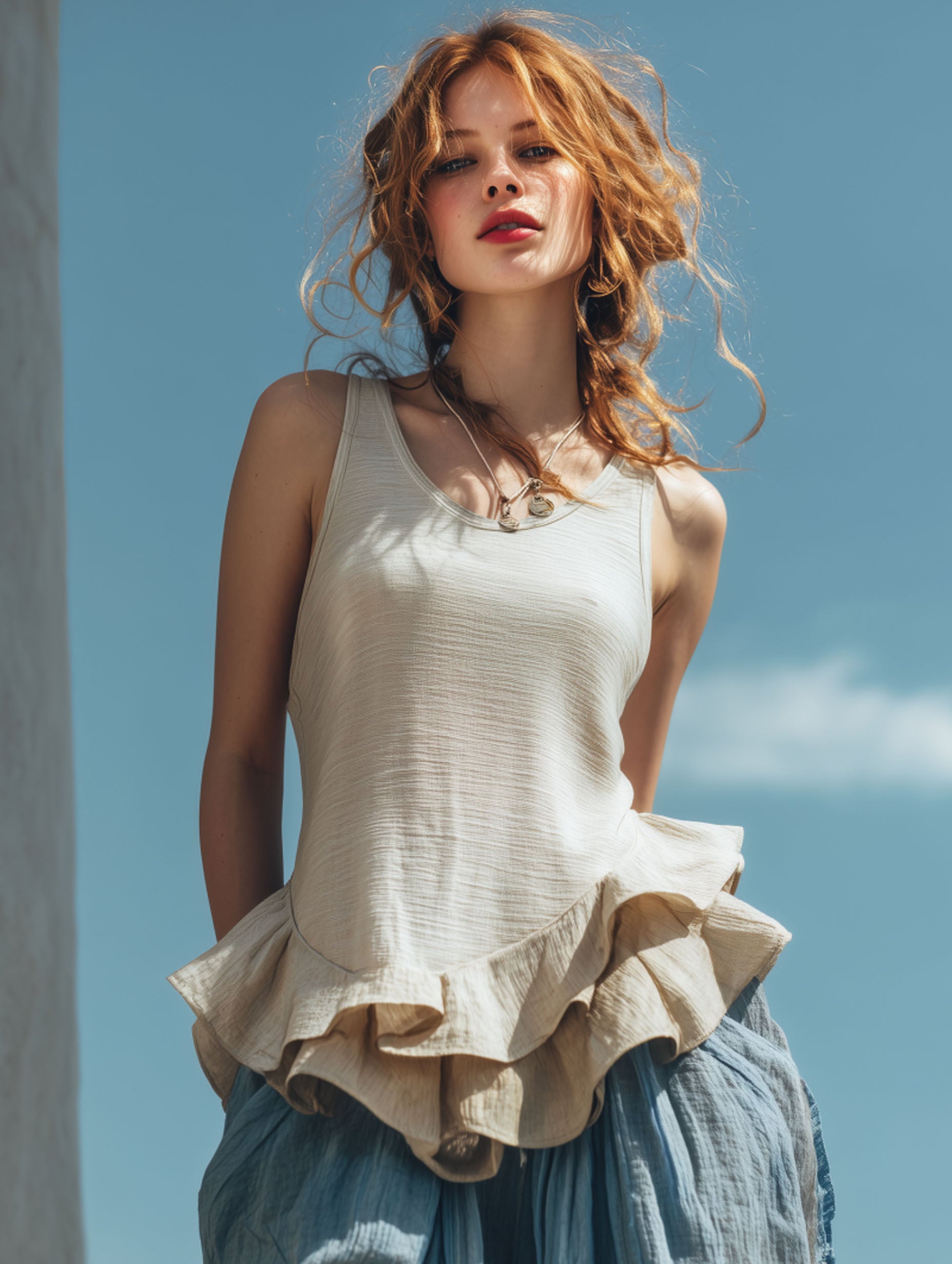 Premium Comfort White Cotton Linen Ruffled Sleeveless Top