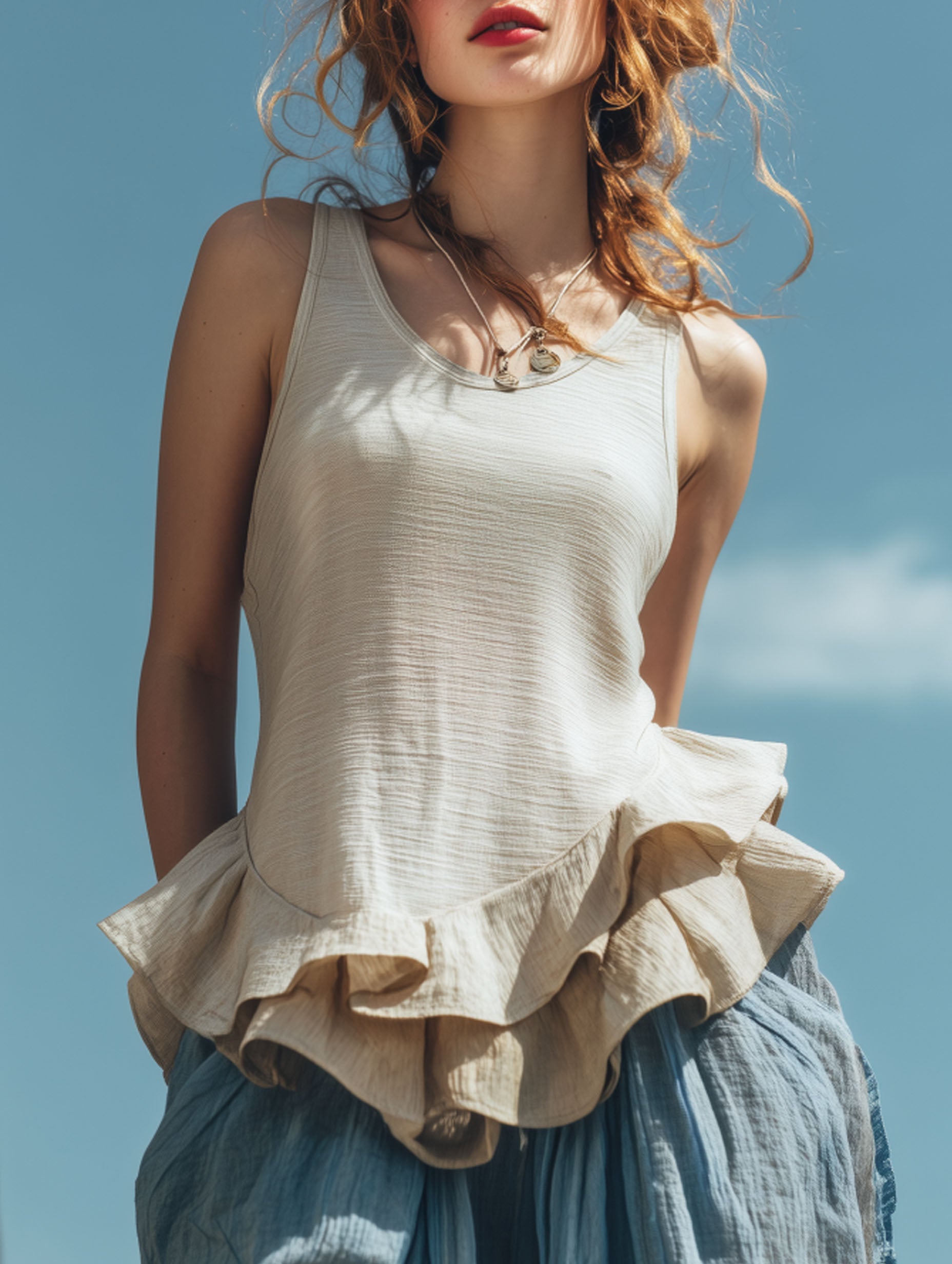 Premium Comfort White Cotton Linen Ruffled Sleeveless Top
