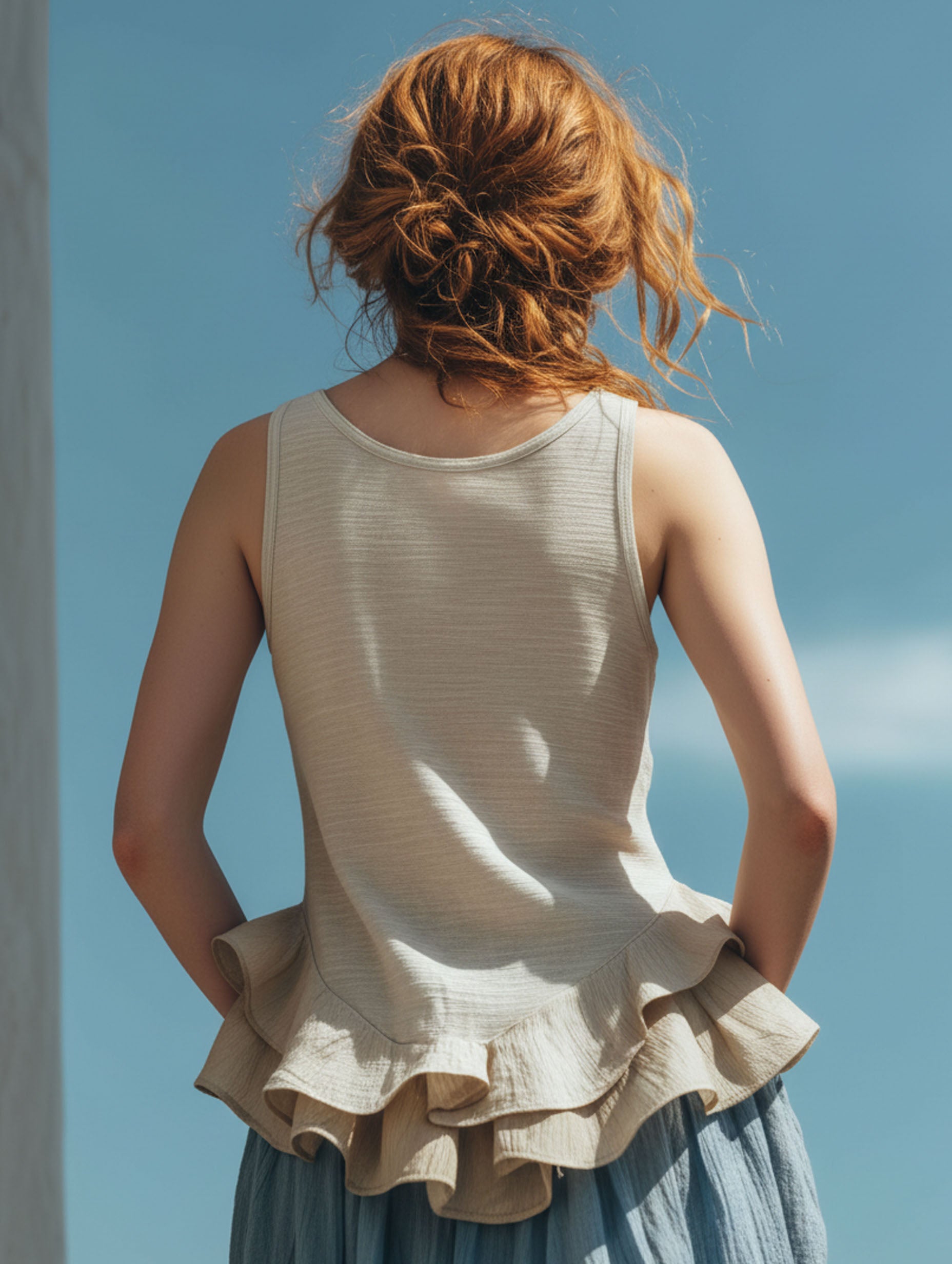 Premium Comfort White Cotton Linen Ruffled Sleeveless Top