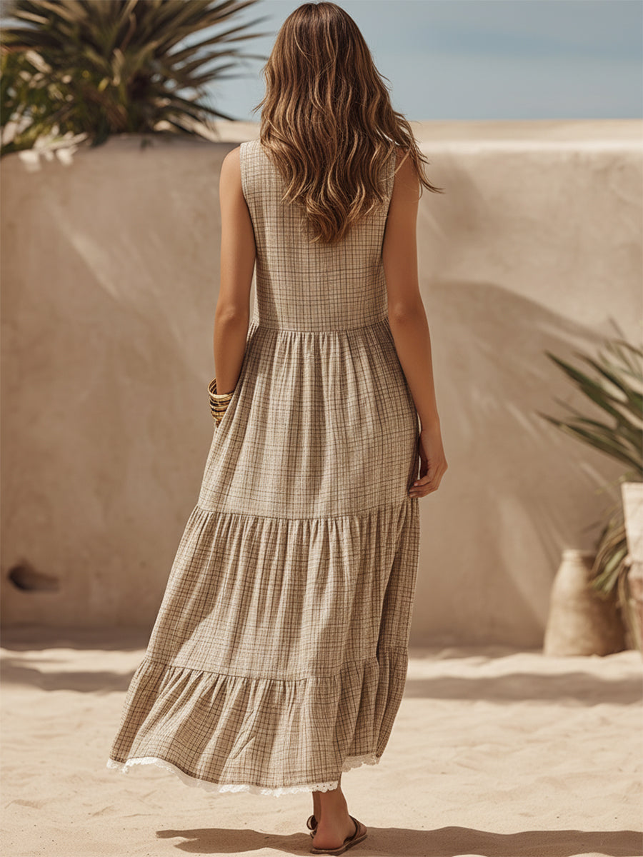 Casual Vacation Beige Plaid Print Chiffon Button Sleeveless Maxi Dress