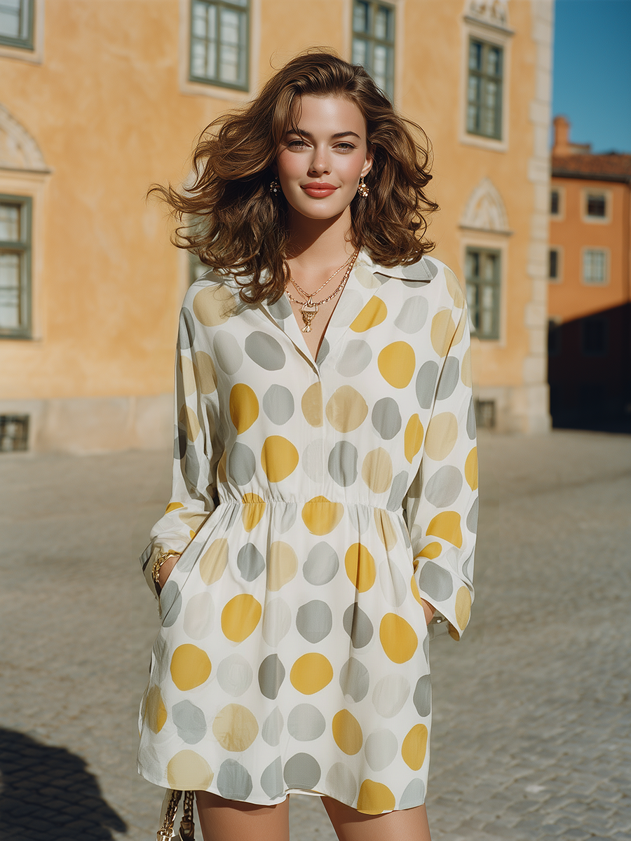 Vacation-Style Colorful Polka Dot V-Neck Long-Sleeve Mini Dress