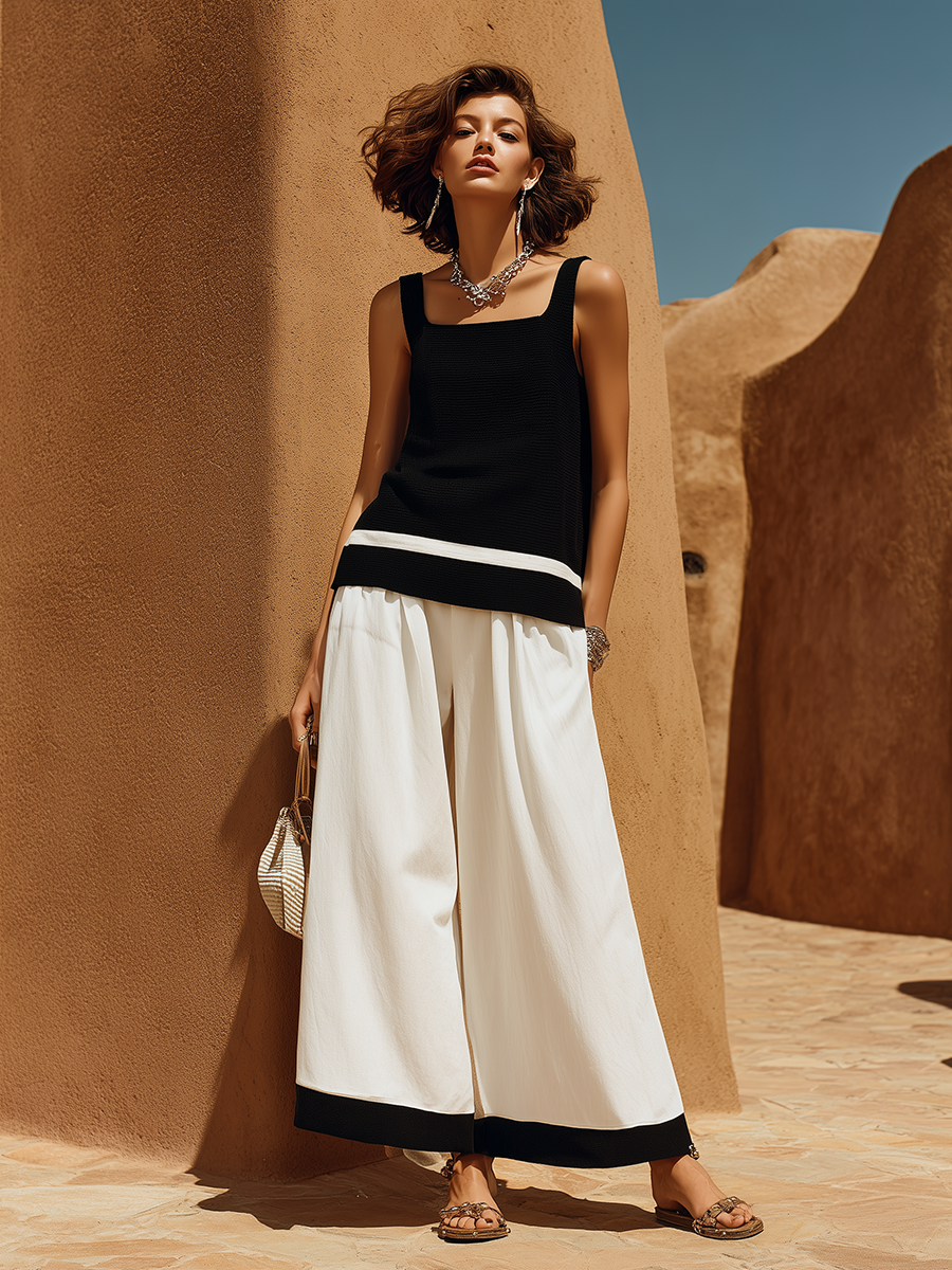 Vacation-Style Sleeveless Black Color-Block Top And White Wide-Leg Pants Set