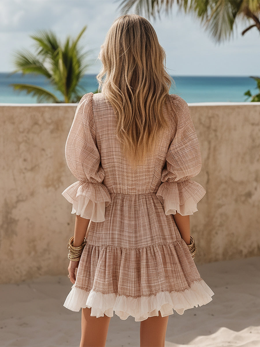 Bohemian Light Pink Plaid Print Chiffon V-neck Ruffled Puff Sleeve Mini Dress