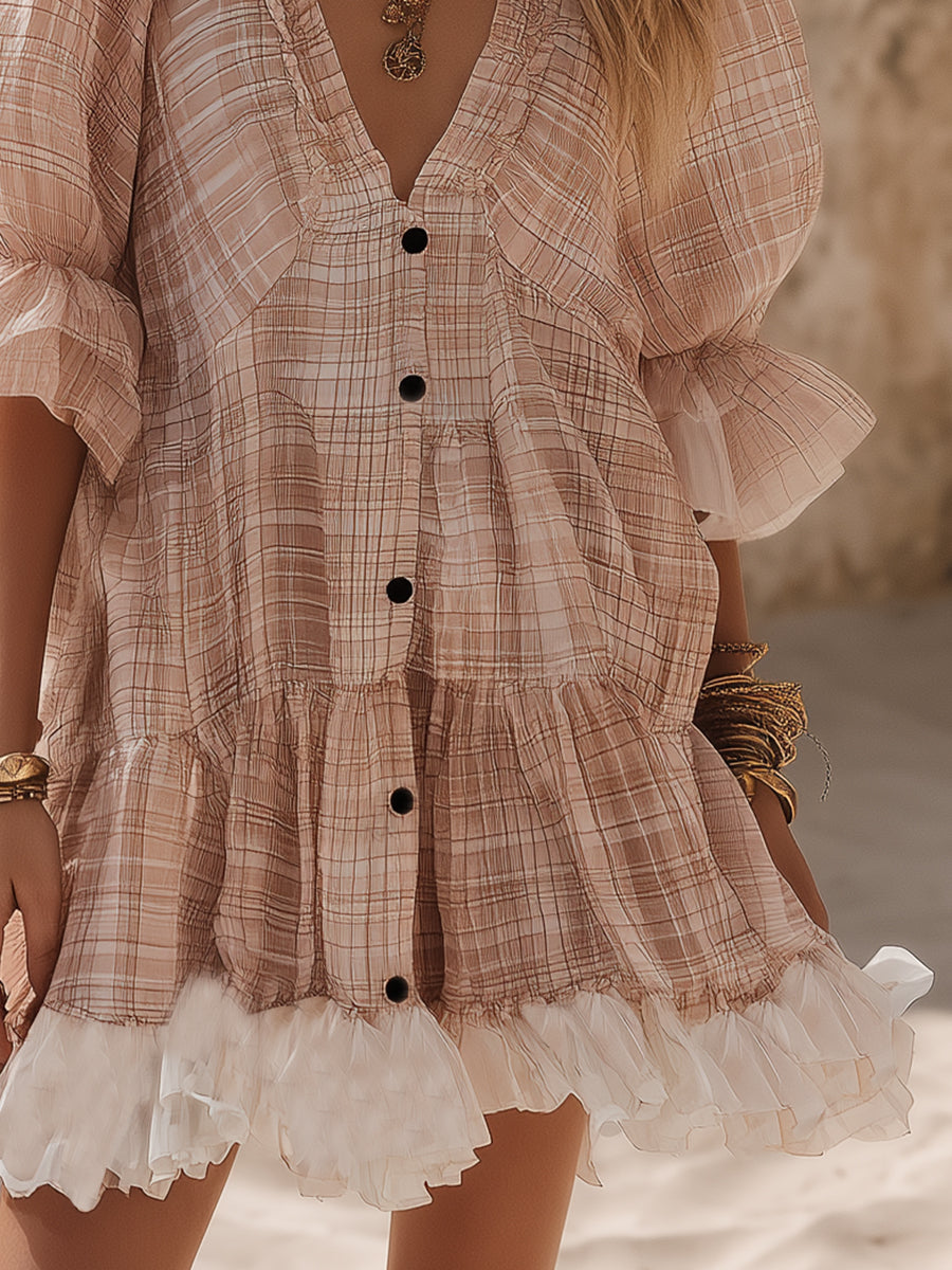 Bohemian Light Pink Plaid Print Chiffon V-neck Ruffled Puff Sleeve Mini Dress