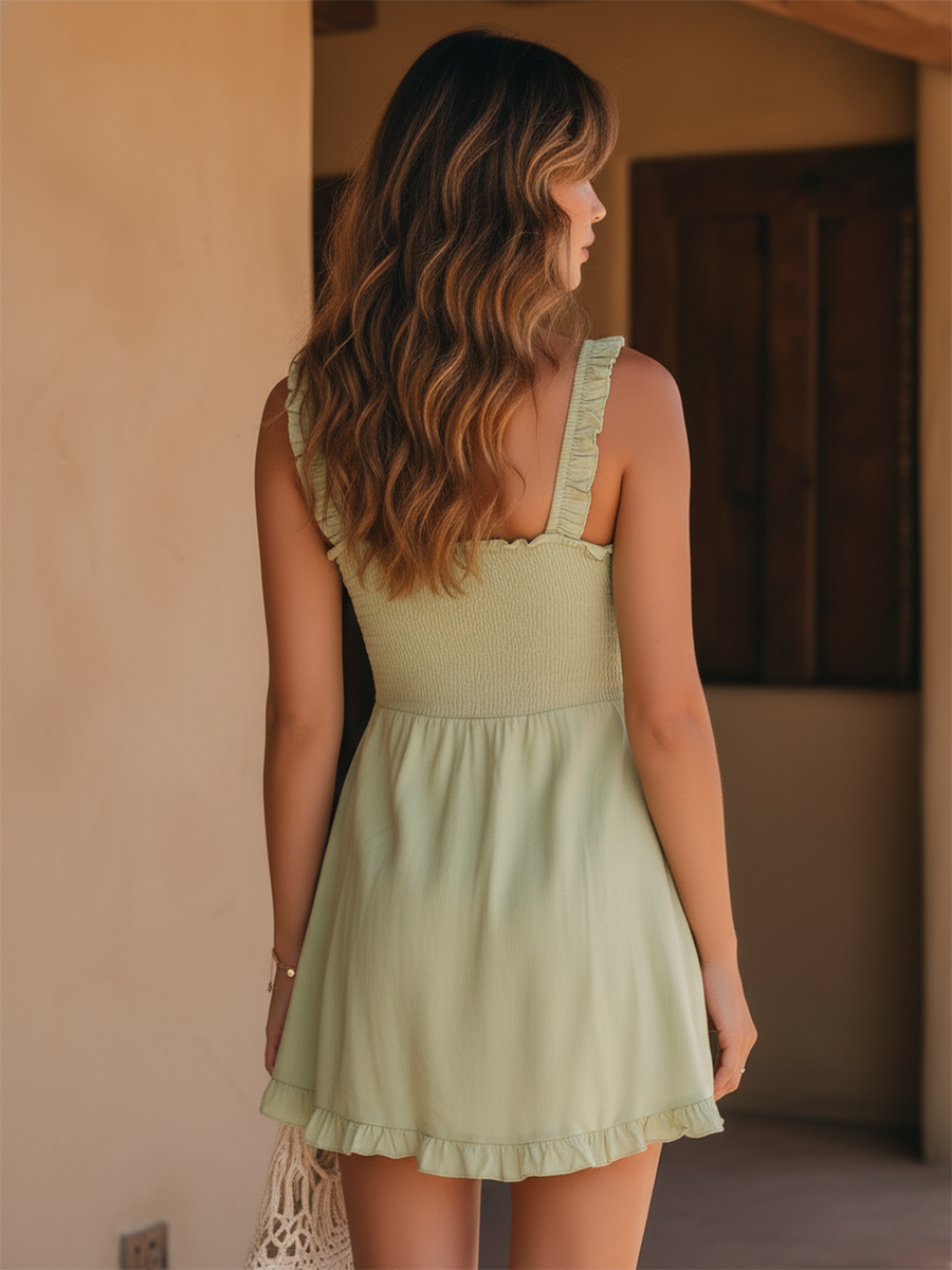 Vacation-Style Green Strappy Sleeveless Mini Dress
