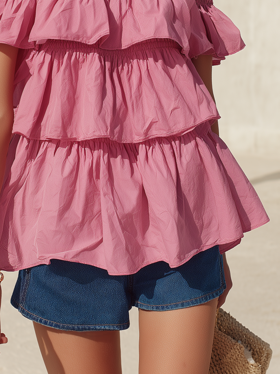 Romantic Bohemian Off-Shoulder Ruffled Pink Cotton Shirt