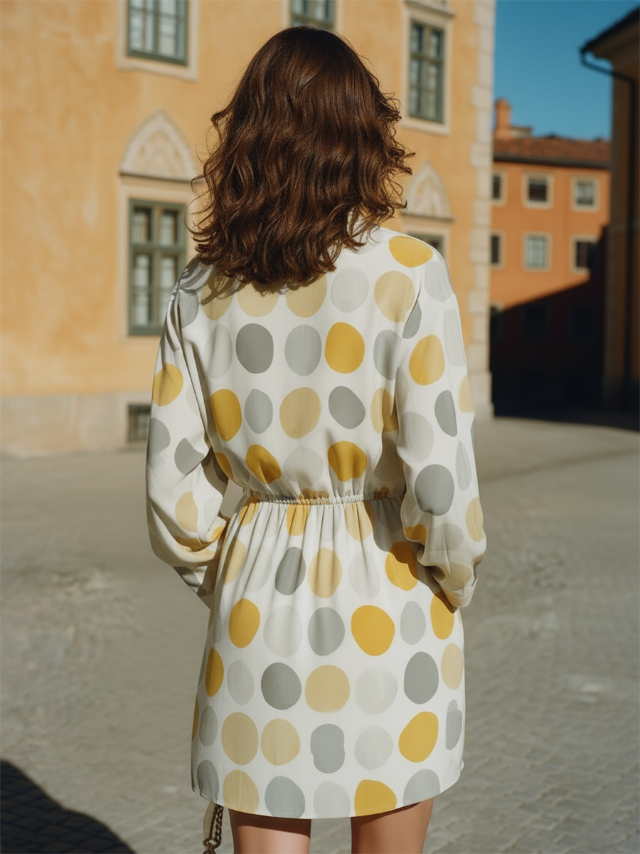 Vacation-Style Colorful Polka Dot V-Neck Long-Sleeve Mini Dress