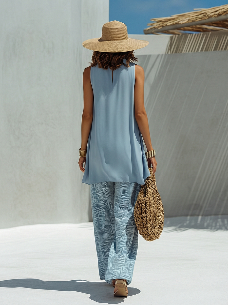 Vacation-Style Blue Chiffon Sleeveless Top And Printed Wide-Leg Pants Set