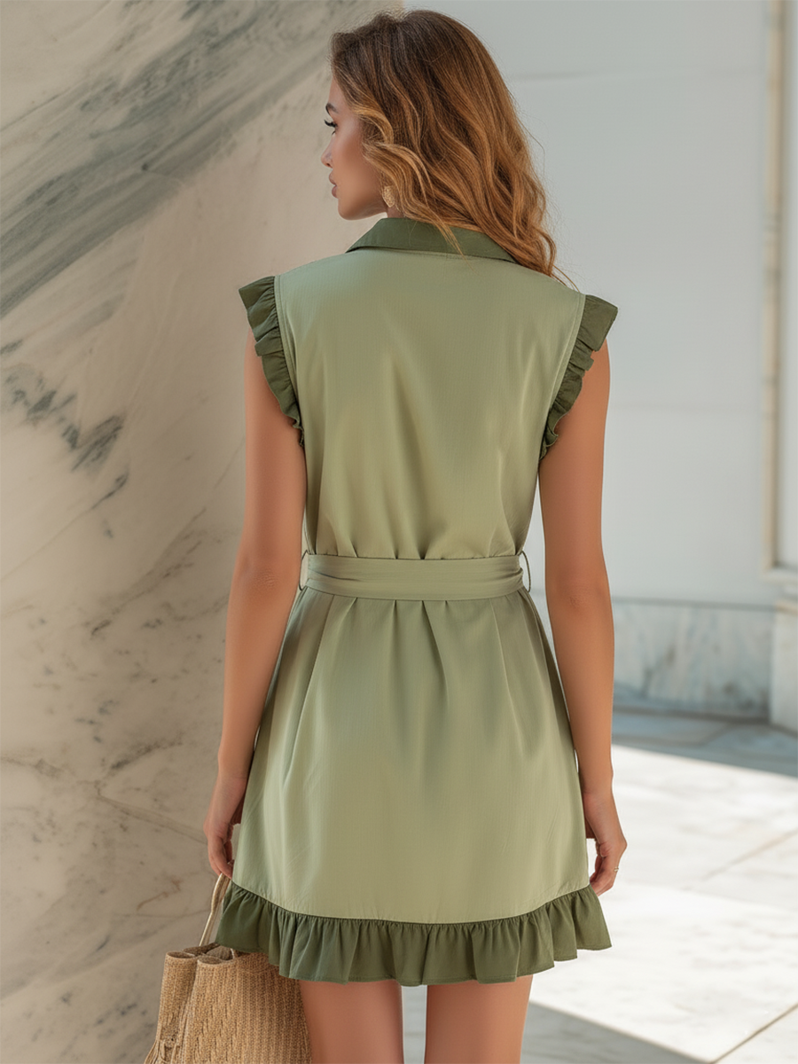 Vacation-Style Green Collared Sleeveless Mini Dress