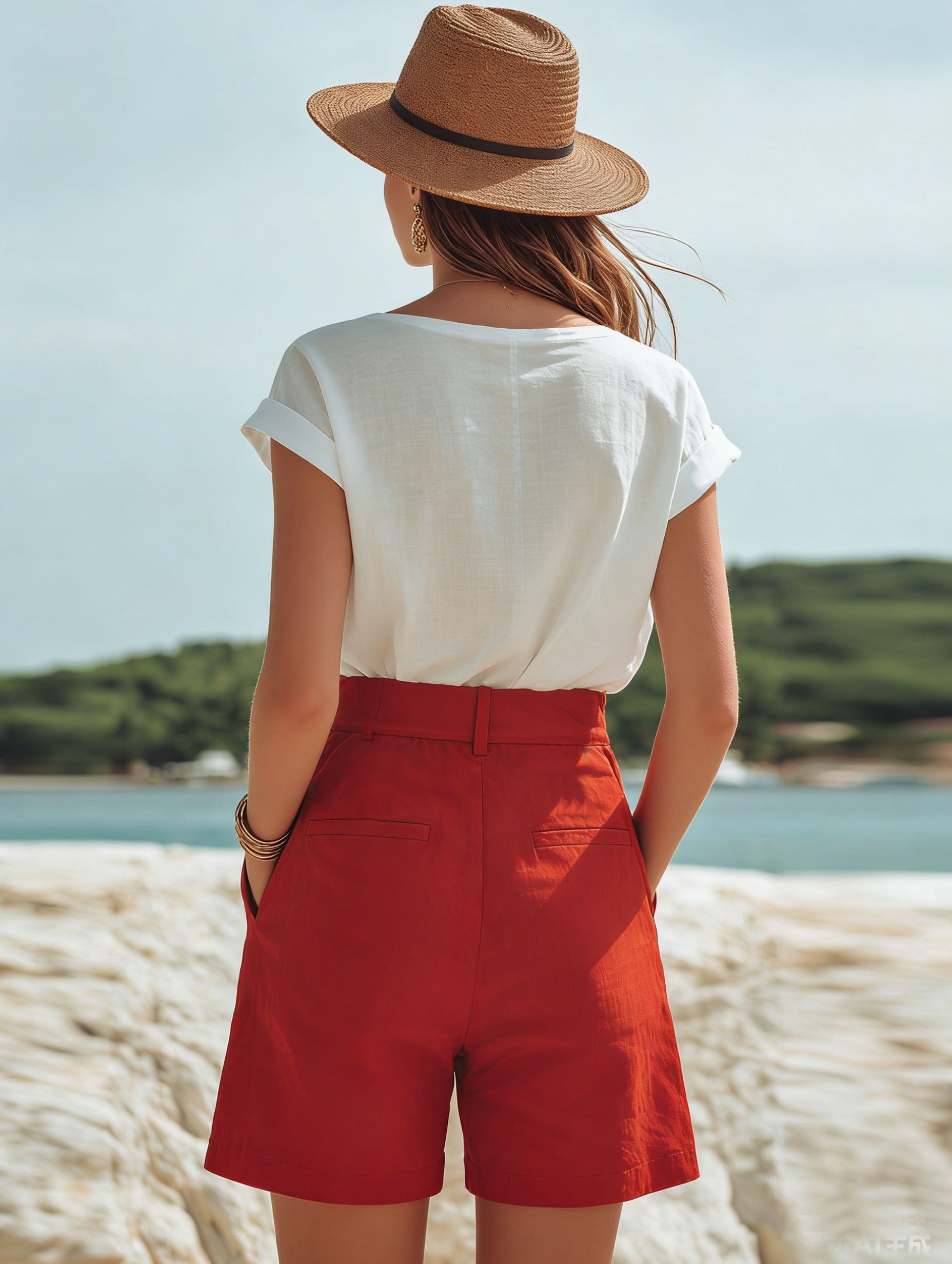 Casual Vacation Red Cotton And Linen With Wooden Buttons Shorts