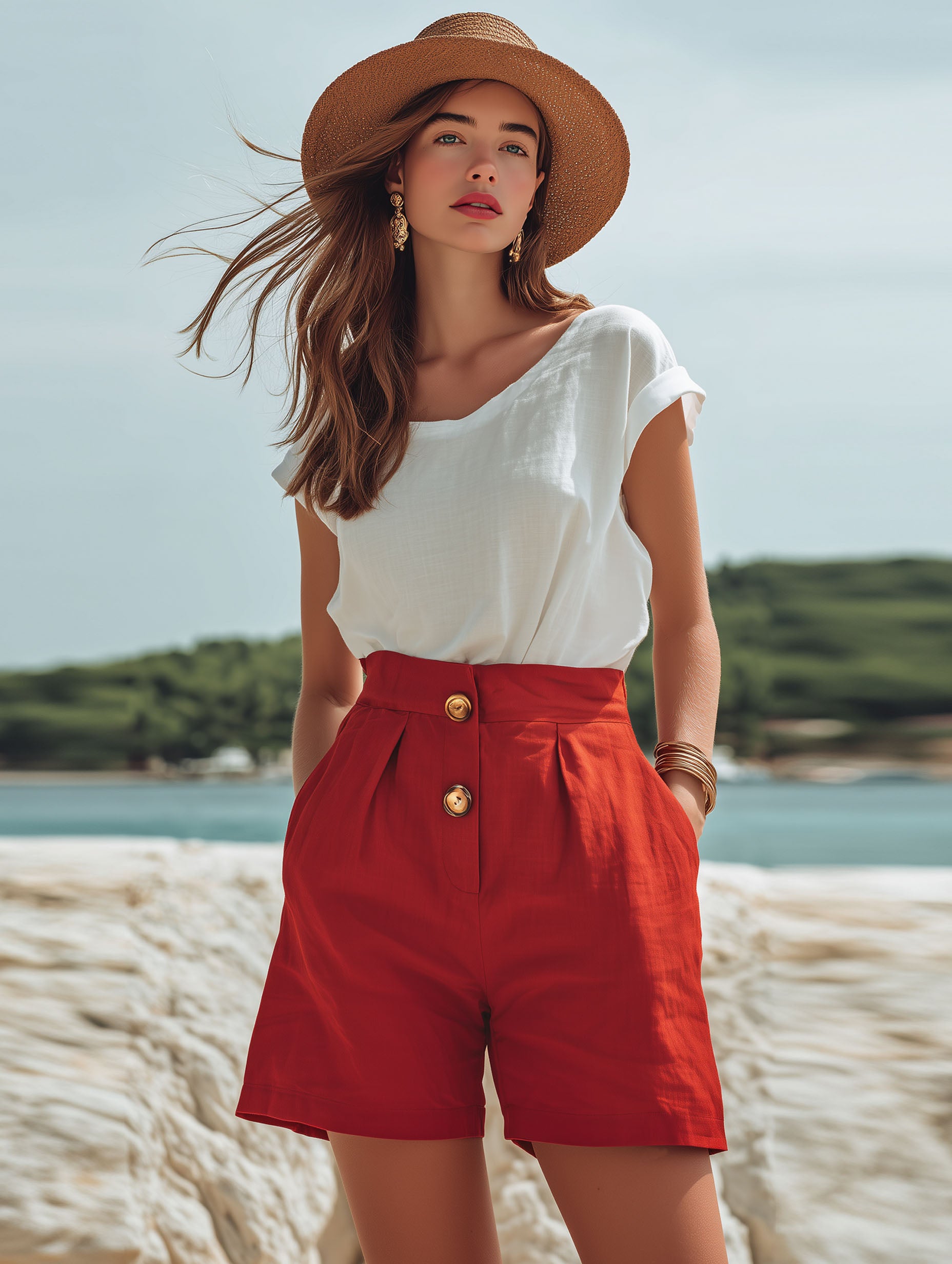 Casual Vacation Red Cotton And Linen With Wooden Buttons Shorts