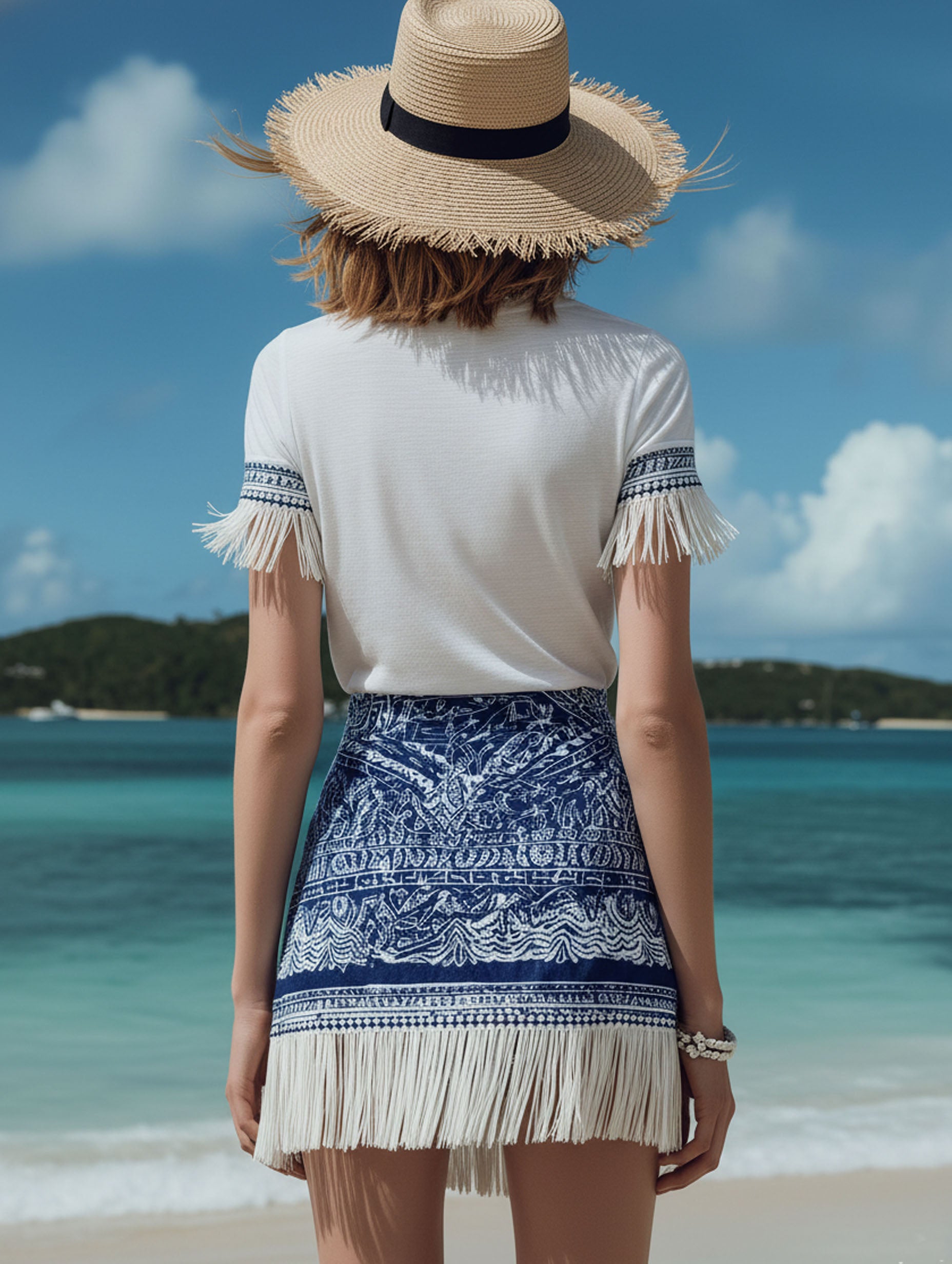 Fashionable Resort-Style Ethnic Blue Printed Chiffon Tassel Mini Skirt