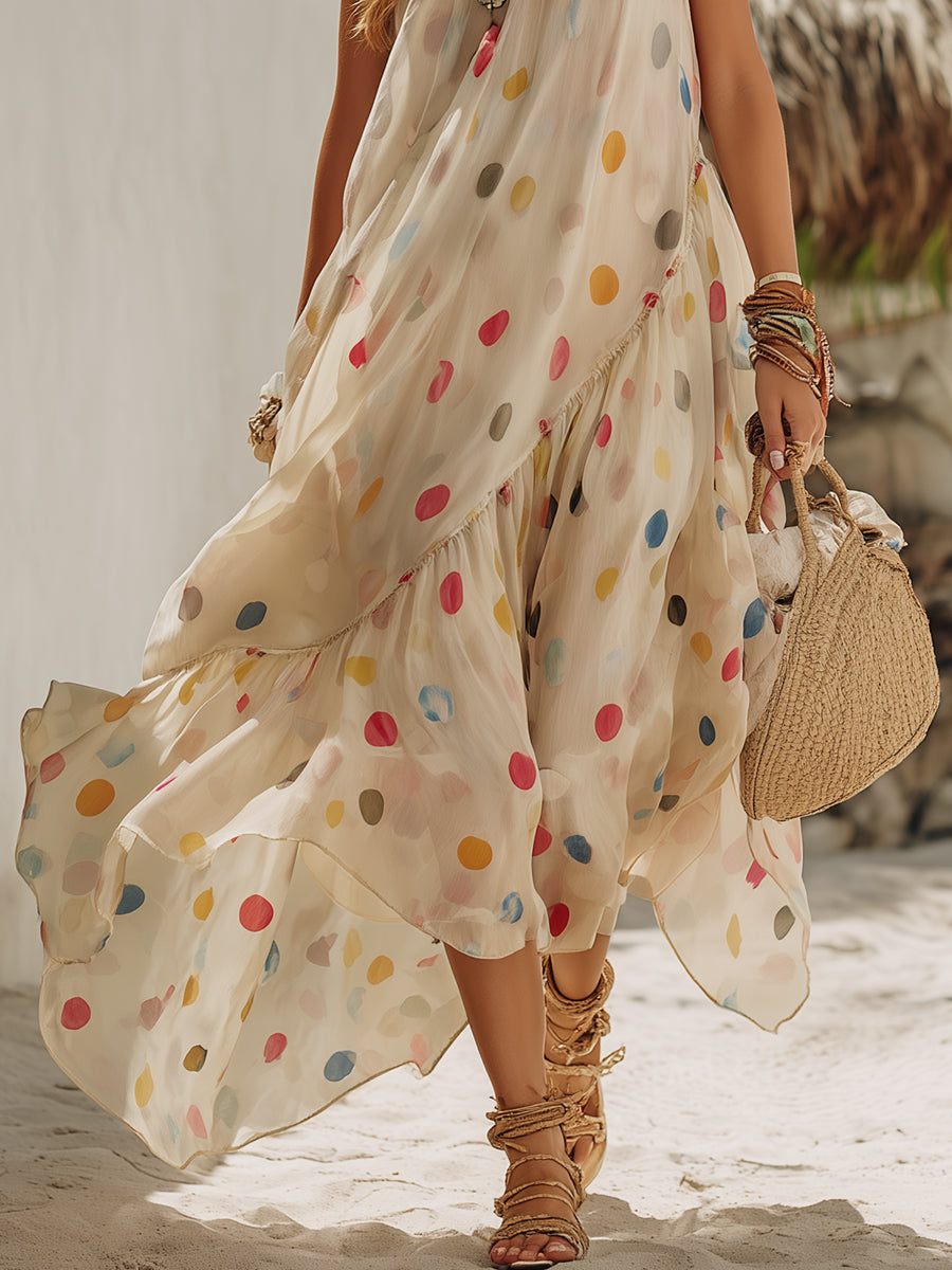 Bohemian Style Colorful Polka Dot Printed Beige Chiffon Sleeveless Maxi Dress