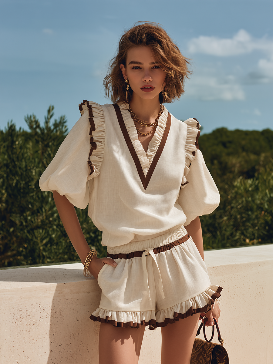 Vacation-Style Off White Short-Sleeve Top And Ruffled Elastic-Waist Shorts Set