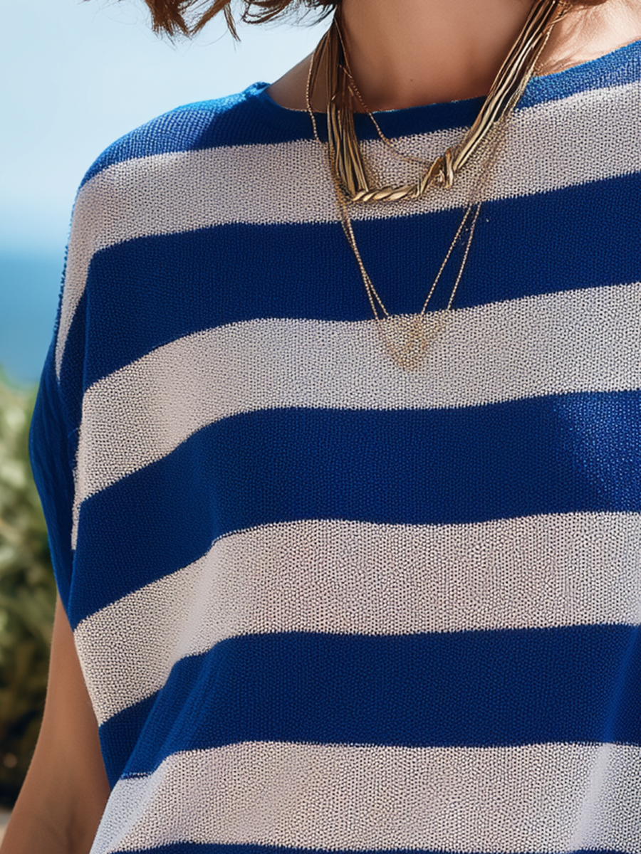Vacation-Style Loose-Fit Stylish Blue And White Striped Knitted Crewneck Top