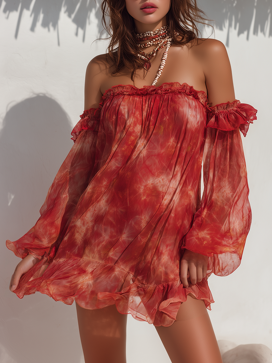 Romantic Bohemian Off-Shoulder Tie-Dye Print Long-Sleeve Chiffon Mini Dress