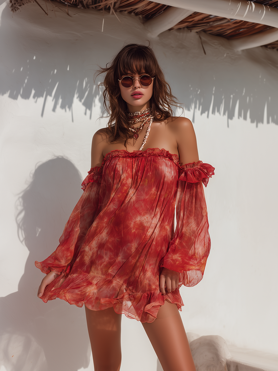 Romantic Bohemian Off-Shoulder Tie-Dye Print Long-Sleeve Chiffon Mini Dress