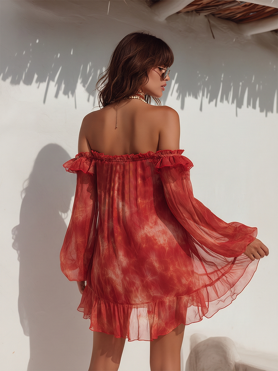 Romantic Bohemian Off-Shoulder Tie-Dye Print Long-Sleeve Chiffon Mini Dress