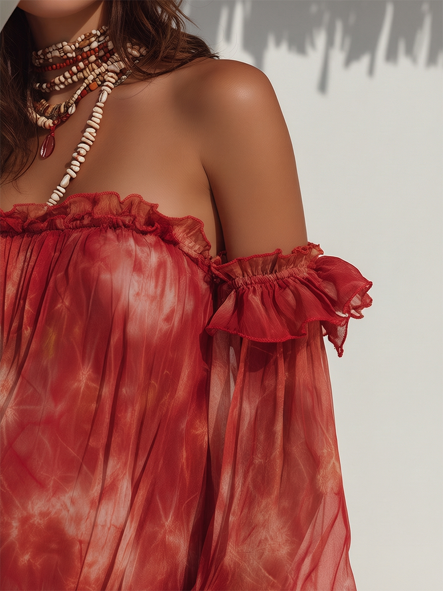 Romantic Bohemian Off-Shoulder Tie-Dye Print Long-Sleeve Chiffon Mini Dress