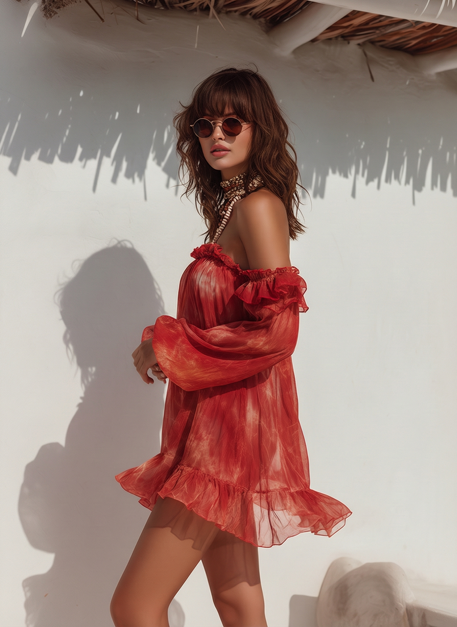 Romantic Bohemian Off-Shoulder Tie-Dye Print Long-Sleeve Chiffon Mini Dress
