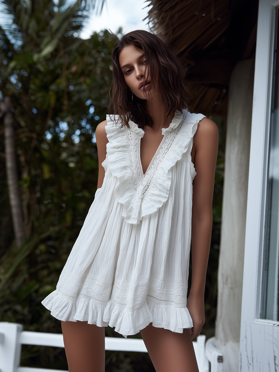 Retro Bohemian Ruffles And Lace Trim White Cotton Mini Dress