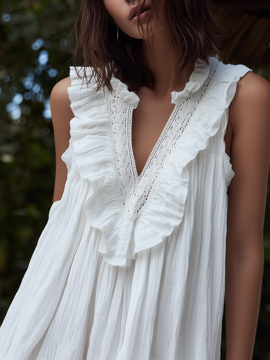 Retro Bohemian Ruffles And Lace Trim White Cotton Mini Dress