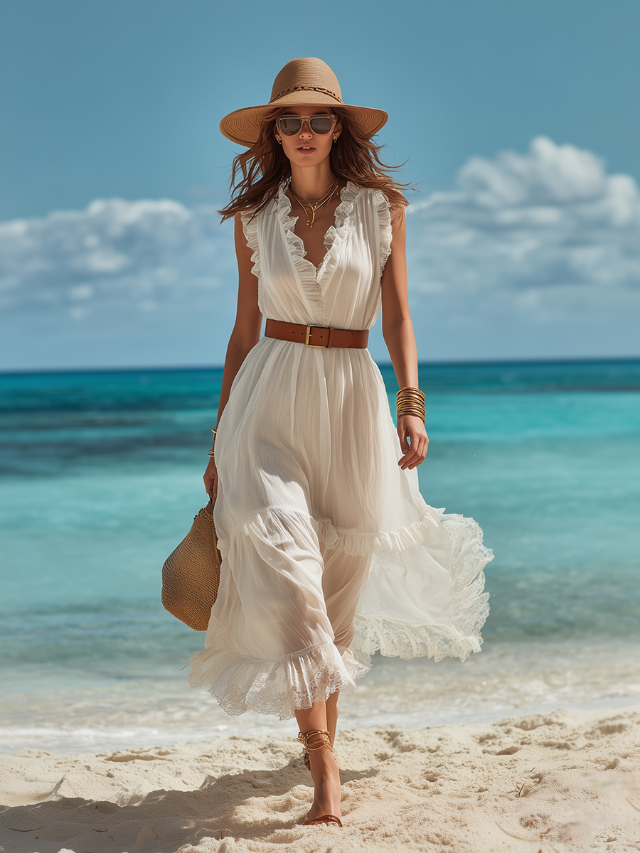 Romantic Bohemian Sleeveless Ruffled Off-White Chiffon Maxi Dress