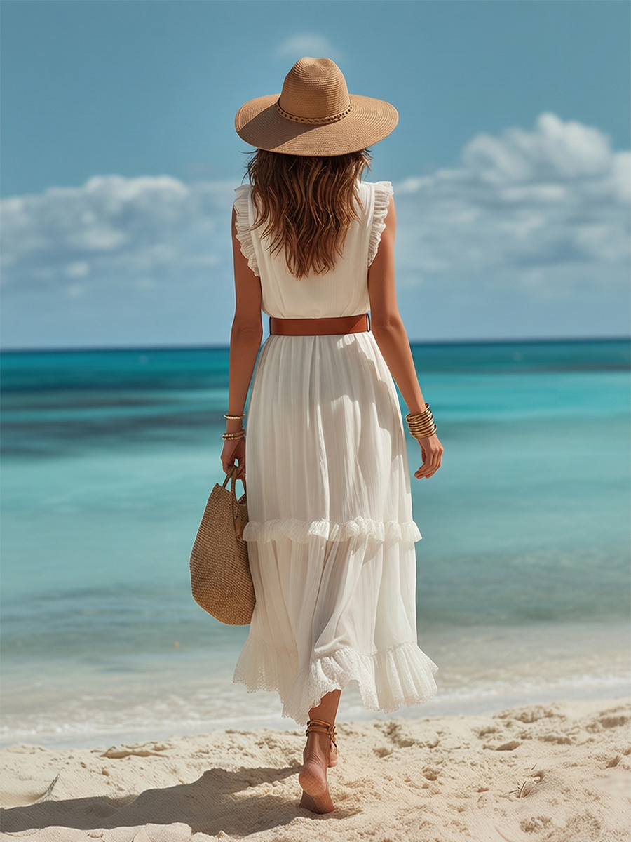 Romantic Bohemian Sleeveless Ruffled Off-White Chiffon Maxi Dress