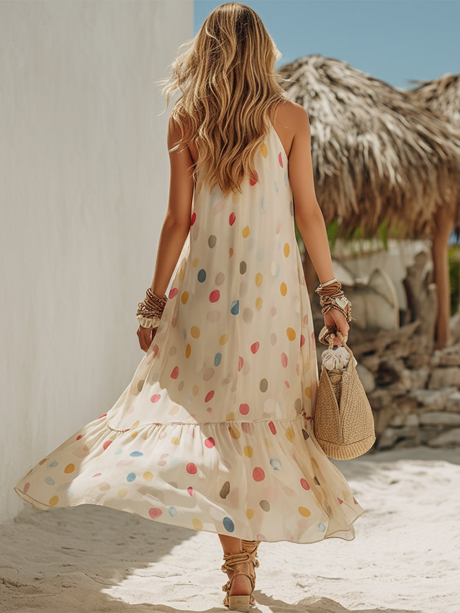 Bohemian Style Colorful Polka Dot Printed Beige Chiffon Sleeveless Maxi Dress