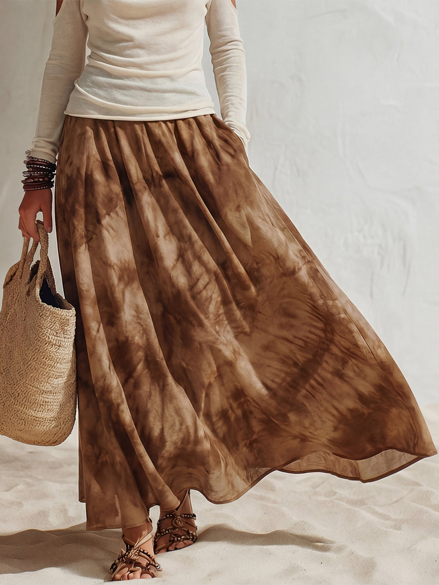 Bohemian Style Beige Knit Off-shoulder Top And Brown Tie-dye Printed Chiffon Skirt Set