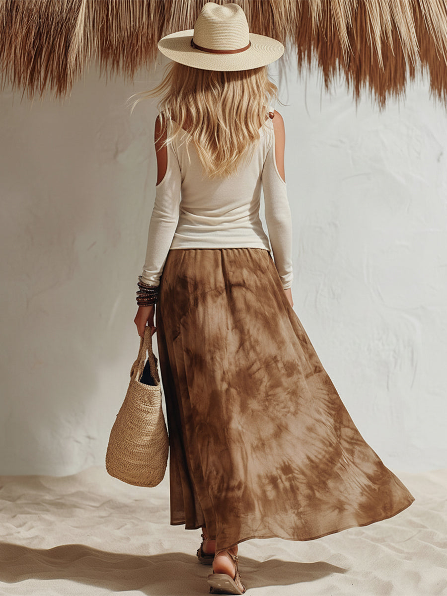 Bohemian Style Beige Knit Off-shoulder Top And Brown Tie-dye Printed Chiffon Skirt Set