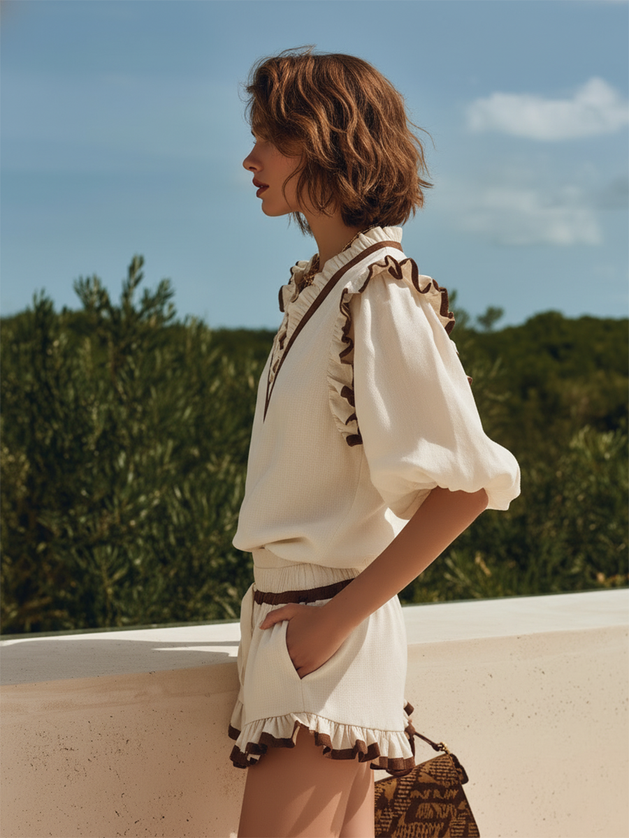 Vacation-Style Off White Short-Sleeve Top And Ruffled Elastic-Waist Shorts Set