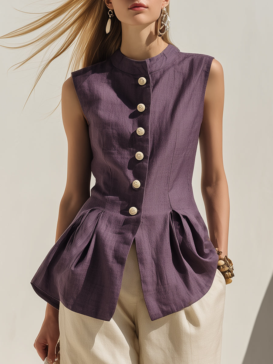 Elegant Coast Purple Cotton Linen Ruffled Stand Collar Vest And Beige Cotton Linen Shorts Set
